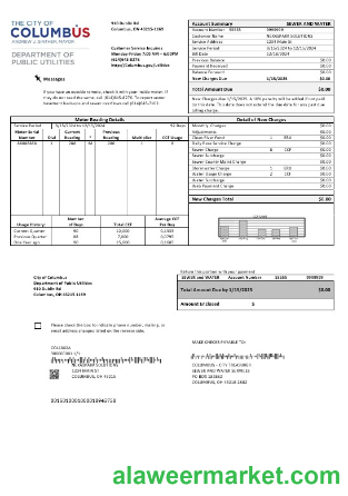 USA Ohio City of Columbus business utility bill template in Word and PDF formats